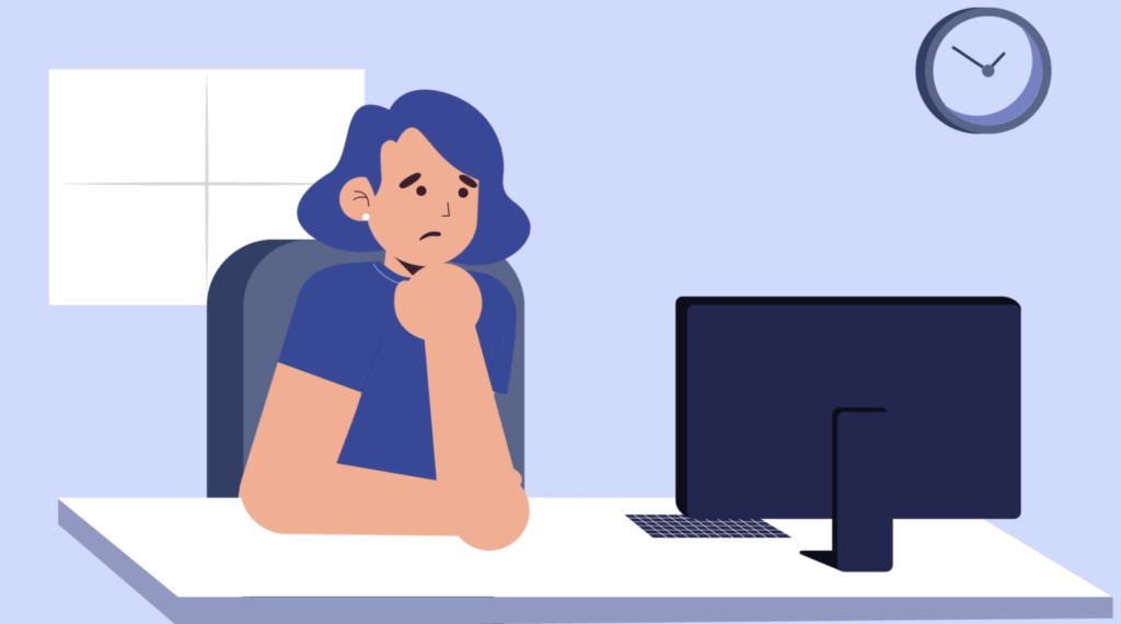 Illustrated woman character looking concerned at work