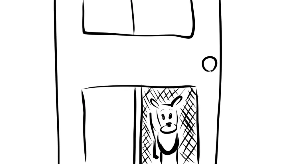 Hand-drawn dog using a doggy door