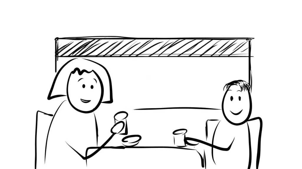 Hand-drawn characters eating in a restaurant
