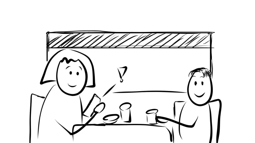 Hand-drawn characters at a restaurant getting phone notification
