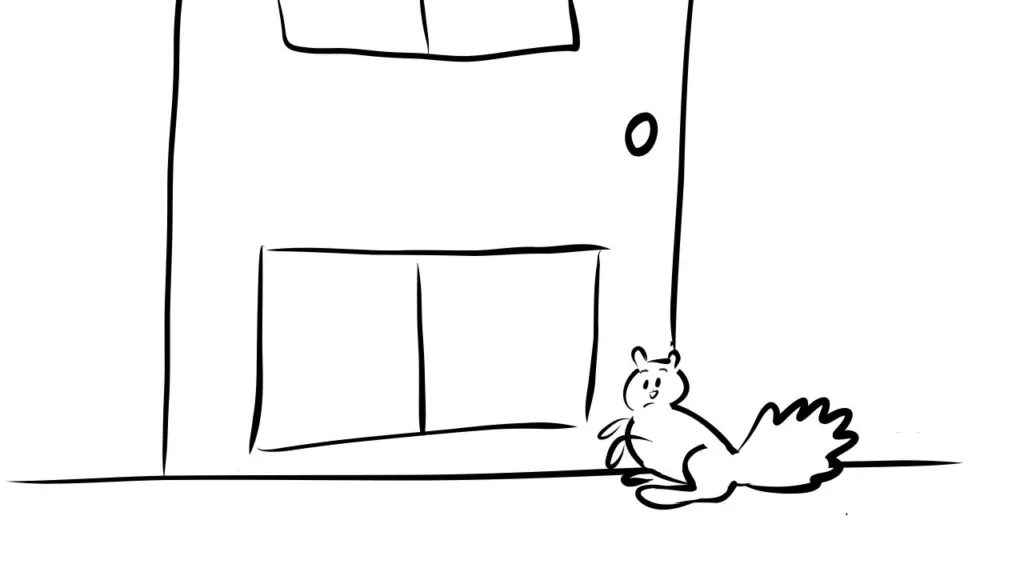 Hand-drawn squirrel next to a door