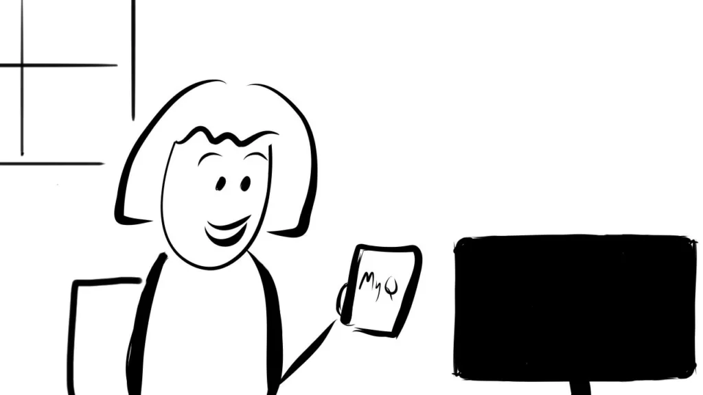 Hand-drawn woman looking at phone excitedly