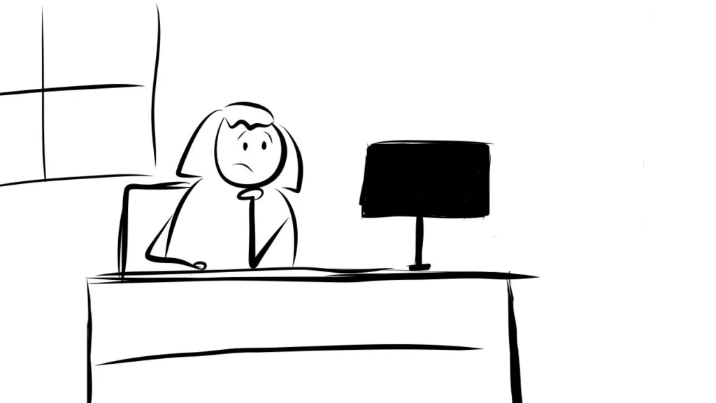 Hand-drawn woman looking concerned at a desk