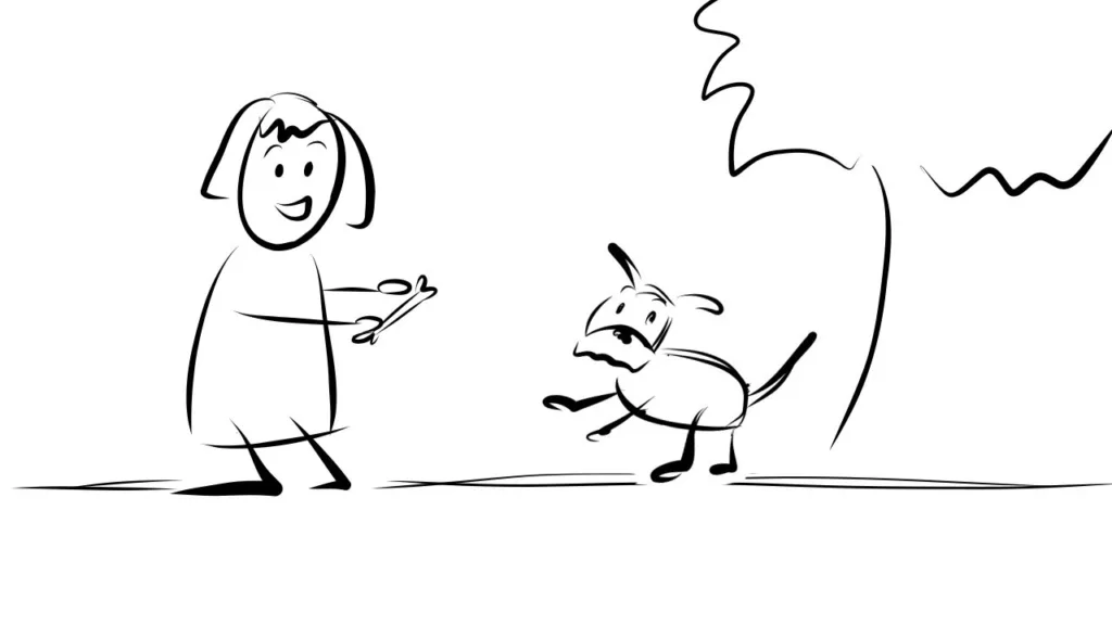 Hand-drawn woman playing with a dog outside